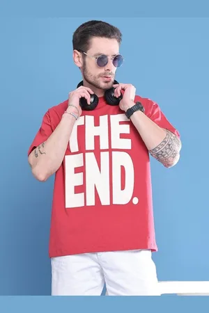 DOOR74 Men Typography Printed Drop-Shoulder Sleeves T-shirt
