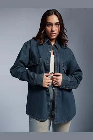 FREAKINS Women Spread Collar Solid Casual Denim Jacket