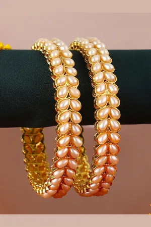 Adwitiya Collection Set Of 2 Gold-Plated Stone-Studded Pearl Beaded Bangles