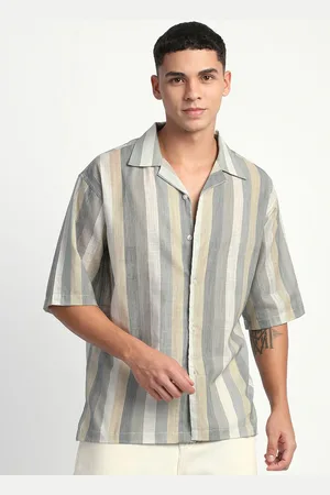 Mark Men Relaxed Spread Collar Vertical Striped Relaxed Fit Linen Casual Shirt