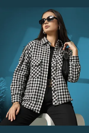 CHKOKKO Women Checked Woolen Long Sleeves Spread Collar button closureShacket