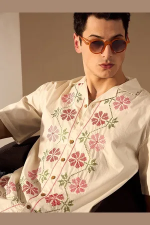 DENNISON Men Floral Embroidery Oversized Cotton Shirt