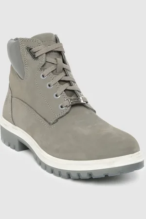 Woodland Men Grey Solid Nubuck Leather Mid-Top Flat Boots