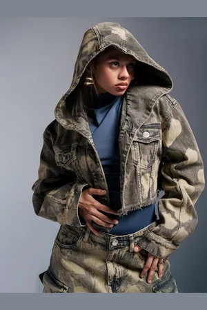 FREAKINS Women Hooded Camouflage Printed Casual Denim Jacket