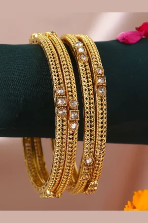 Adwitiya Collection Set Of Four 24 CT Gold-Plated White Stone-Studded Handcrafted Bangles