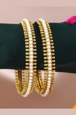 Adwitiya Collection Adwitiya Set of 2 Off-White Pearl Embellished Gold-Plated Handcrafted Bangles