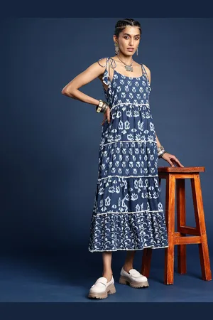 Taavi Floral Printed Shoulder Straps Pure Cotton Dabu A-Line Ethnic Dress