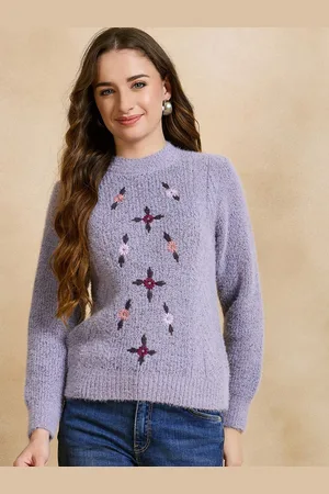CLAPTON Women Floral Woollen Pullover with Embroidered Detail