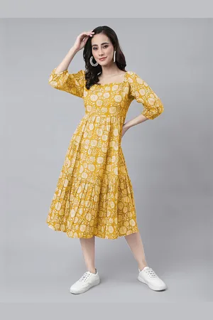 Janasya Floral Print Puff Sleeve Fit & Flare Midi Dress