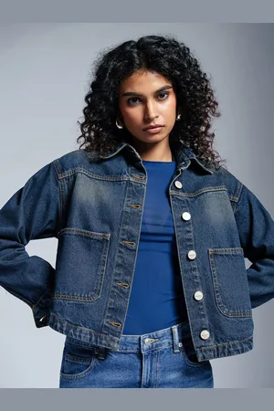 FREAKINS Women Spread Collar Washed Solid Casual Denim Jacket