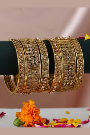 Adwitiya Collection Set Of 6 Gold-Plated Stone Studded Bangles