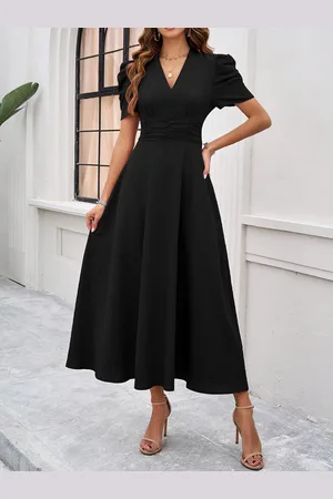 all about you Black Puff Sleeves V-Neck Flared Fit & Flare Midi Dress