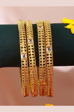 Adwitiya Collection Set Of 4 Gold-Plated Beige Stone-Studded Handcrafted Bangles