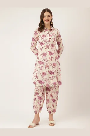 Divena World Women Purple Floral Printed Panelled Pure Cotton Kurta with Trousers