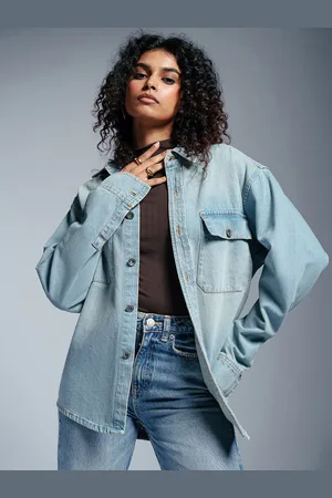 FREAKINS Women Spread Collar Washed Solid Casual Denim Jacket