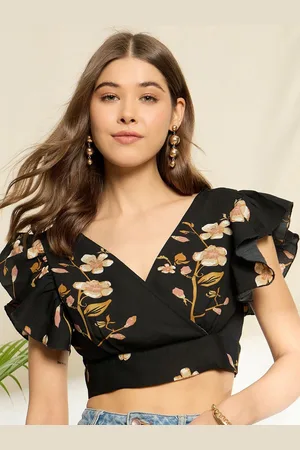 Berrylush Floral Print Ruffles Styled Back Crop Top