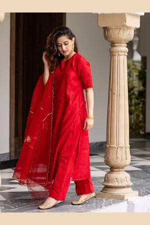 Ambraee Ethnic Motifs Regular Chanderi Cotton Kurta With Palazzos & Dupatta