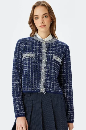 Koton Women Cotton Checked Knitted Cardigan Sweaters