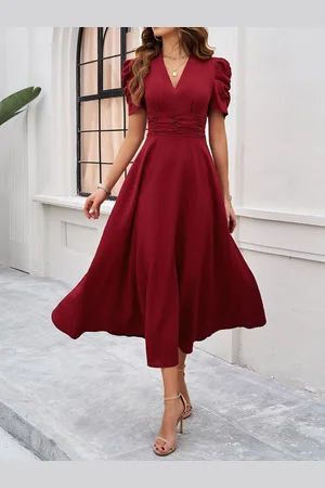 all about you Red V-Neck Puff Sleeve Gathered Fit & Flare Midi Dress