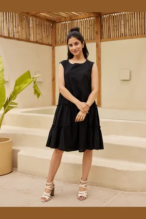 Ambraee Black Bishop Sleeves Mandarin Collar Tiered Cotton A-Line Dress