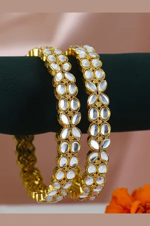 Adwitiya Collection Set Of 2 Gold-Plated White Stone-Studded Handcrafted Bangles