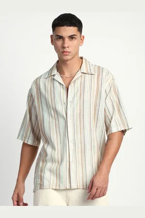 Mark Men Relaxed Cuban Collar Vertical Striped Linen Casual Shirt