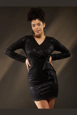 Roadster The Lifestyle Co. Sequin Embellished V Neck Long Sleeve Bodycon Dress