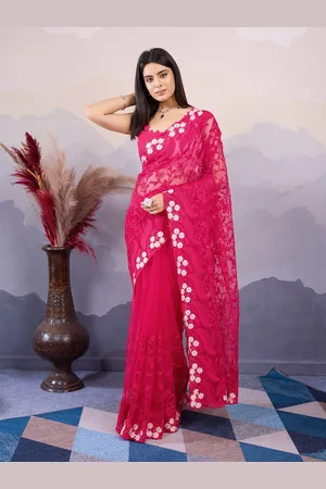 HERE&NOW Women Floral Embroidered Net Saree With Blouse Piece