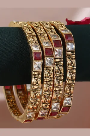 Adwitiya Collection Set Of 4 24CT Gold-Plated White & Red Stone-Studded Handcrafted Bangles