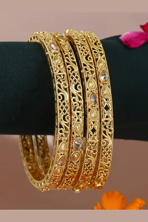 Adwitiya Collection Set Of 4 24 CT Gold-Plated Stone-Studded Bangles