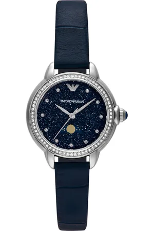 Emporio Armani Women Embellished Leather Straps Analogue Watch AR11629I-Blue