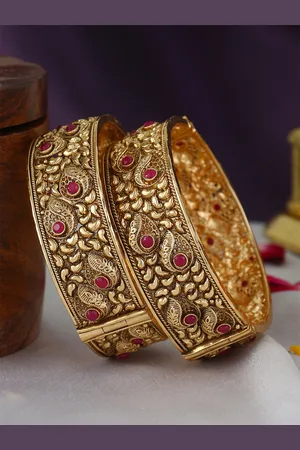 Adwitiya Collection Set Of 2 Gold-Plated Stone-Studded Temple Bangles