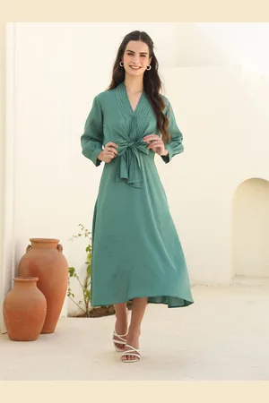 JISORA Women Waist Tie-ups Pleated A-Line Dress