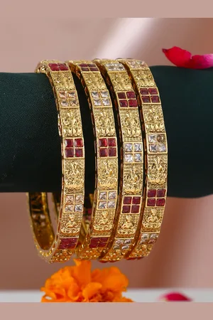 Adwitiya Collection Set of Four 24k Gold-Plated Pink & White Stone-Studded Handcrafted Bangles