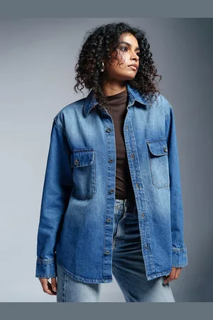 FREAKINS Women Spread Collar Washed Solid Casual Denim Jacket