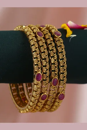 Adwitiya Collection Set Of 4 Gold-Plated & Pink Embellished Designer Bangles