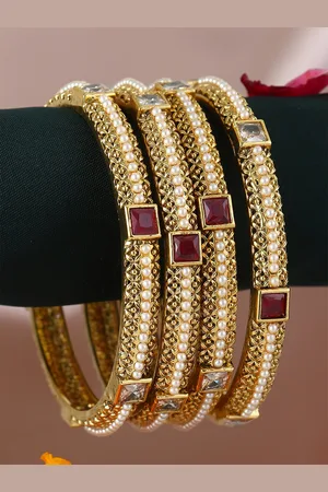 Adwitiya Collection Set Of 4 24CT Gold-Plated White & Red Stone-Studded Pearl Embellished Handcrafted Bangles