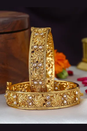 Adwitiya Collection Set Of 2 24K Gold-Plated Stone-Studded Handcrafted Bangles