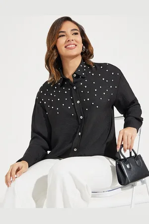 Styli Women Oversized Fit Longline Embellished Shirt with Button