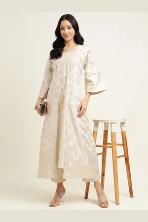 ZARI Floral Woven Design Pure Cotton Anarkali Kurta with Trousers & With Dupatta