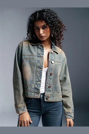 FREAKINS Women Spread Collar Washed Solid Casual Denim Jacket
