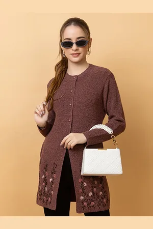CLAPTON Women Floral Woollen Longline Cardigan with Embroidered Detail
