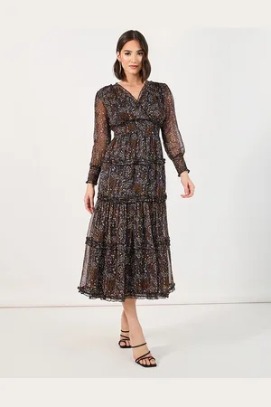 Styli Women V-Neck Puff Sleeves Smocking Tiered Fit and Flare Midi Dress
