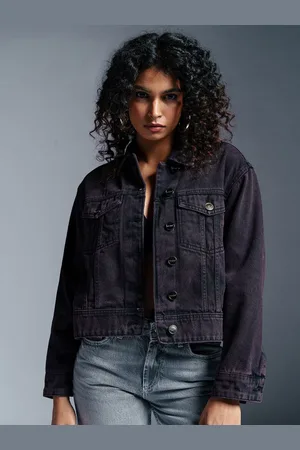 FREAKINS Women Spread Collar Solid Casual Denim Jacket