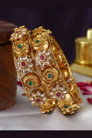 Adwitiya Collection Set of Two 24 Carat Gold-Plated Maroon & Green Artificial Stone Studded Handcrafted Bangles