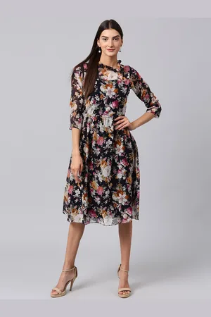 ATHENA Women Black Printed Fit and Flare Dress