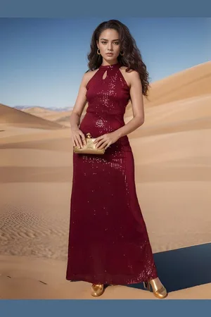 Roadster The Lifestyle Co Halter Keyhole Neck Embellished Maxi Gown Dress