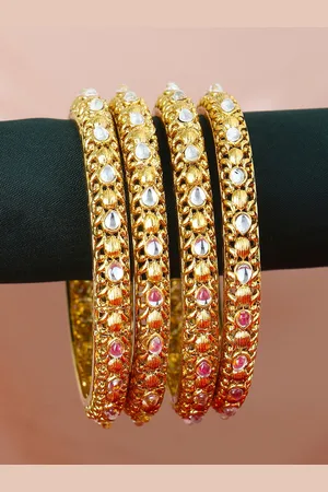 Adwitiya Collection Set Of 4 Gold-Plated Stone-Studded Handcrafted Designer Bangles