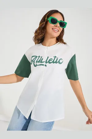 Styli Women Oversized Fit Longline Collarless Graphic Print Shirt