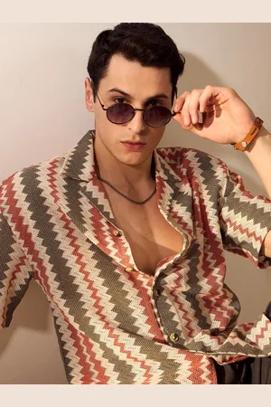 DENNISON Men Zigzag Pattern Drop-Shoulder Oversized Crochet Shirt